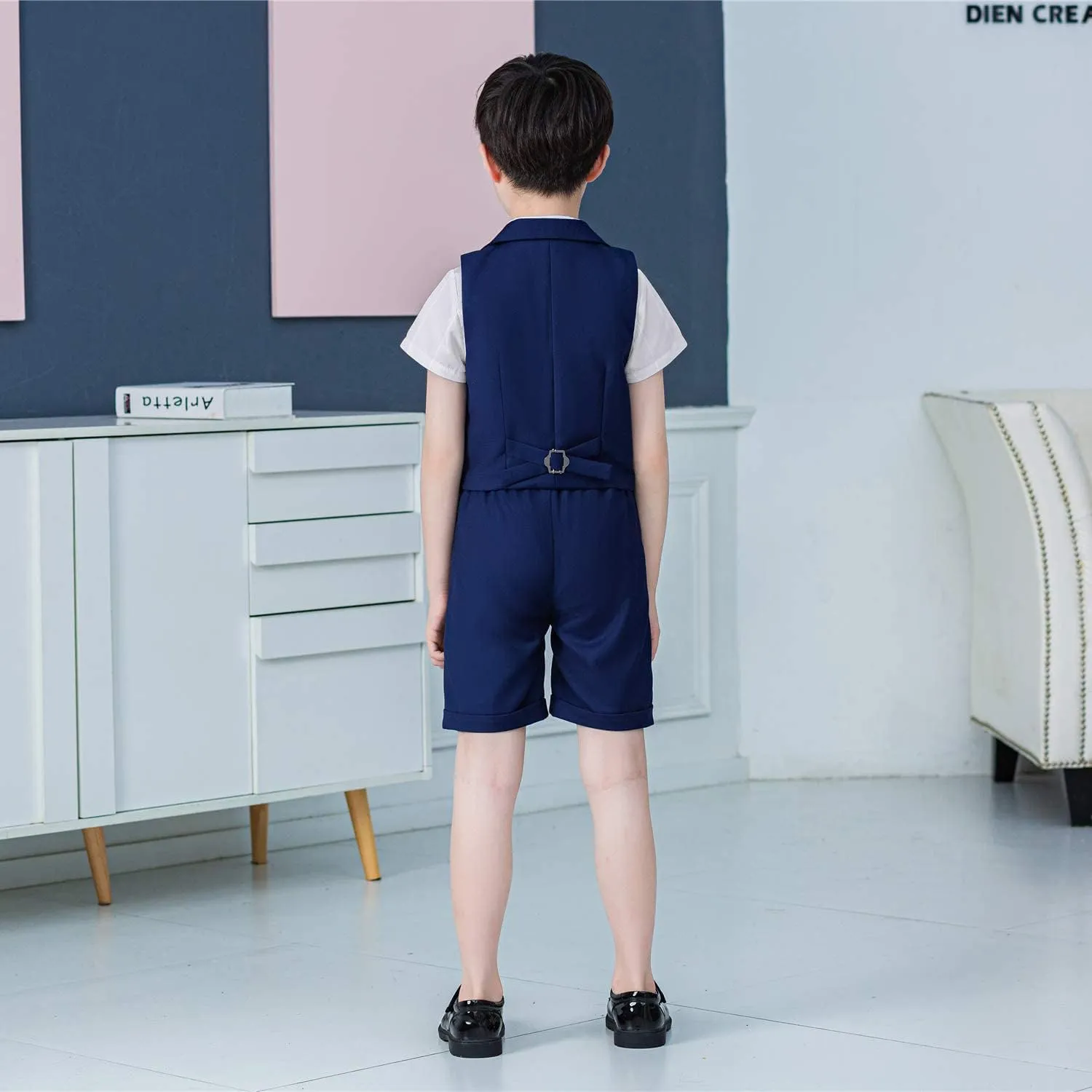 LOLANTA Boys Vest Tuxedo Suit Wedding Ring Bearer Outfits 4PCs Dress Clothes Vest Shirt Shorts Bow Tie