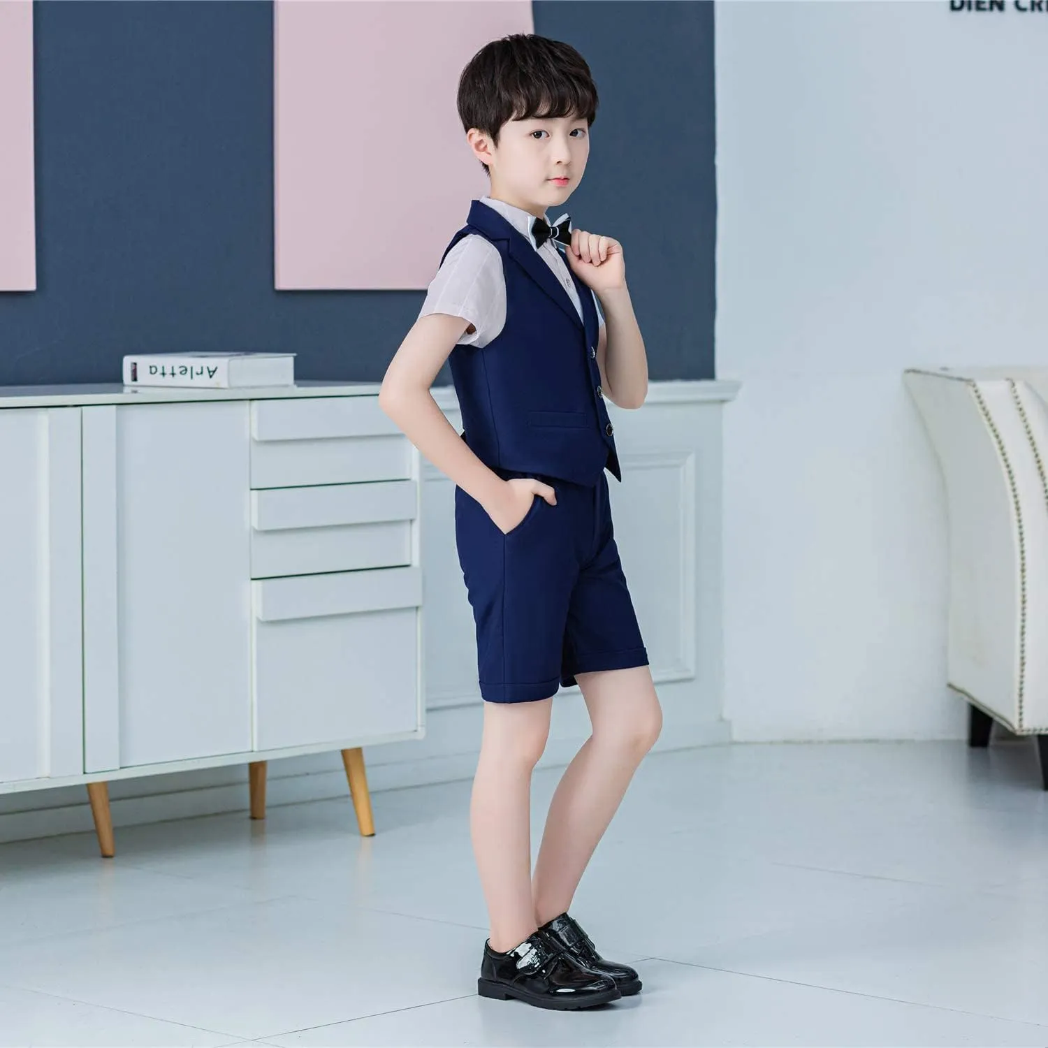 LOLANTA Boys Vest Tuxedo Suit Wedding Ring Bearer Outfits 4PCs Dress Clothes Vest Shirt Shorts Bow Tie