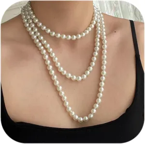 Long Faux Pearls Necklace Beaded Long Pearls Necklace Costume Jewelry