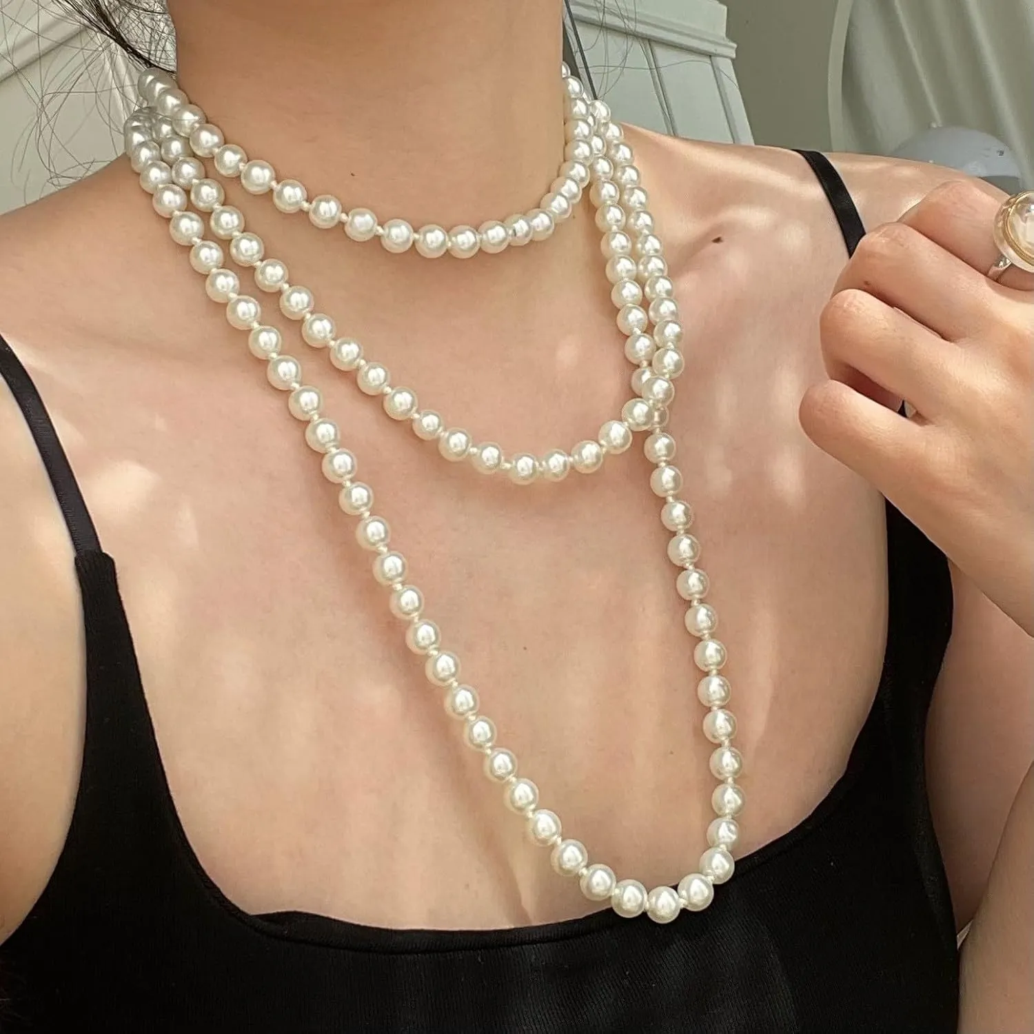 Long Faux Pearls Necklace Beaded Long Pearls Necklace Costume Jewelry