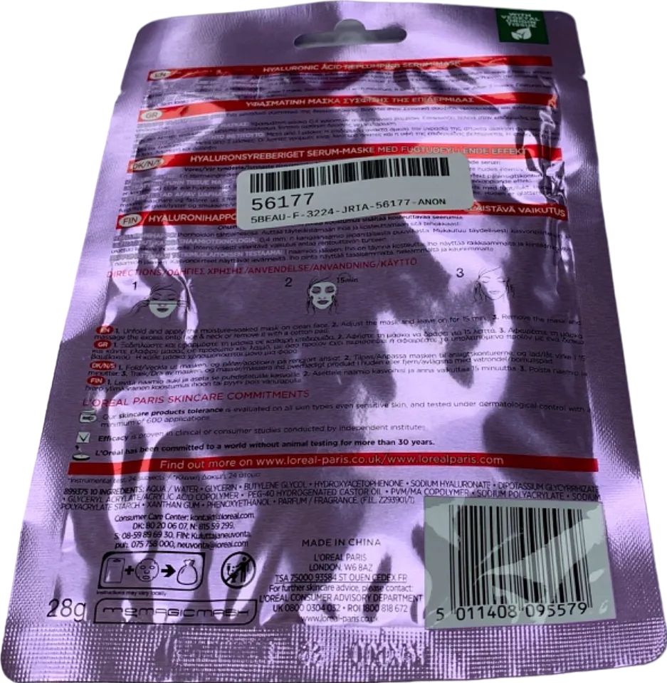 L'Oreal Paris Revitalift Filler Replumping Serum Face Mask Ultra Thin Tissue Mask 28g