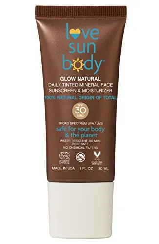 Love Sun Body Glow Natural Daily Tinted Mineral Face Sunscreen & Moisturizer, Certified 100% Natural Origin, SPF 30 Broad Spectrum, Anti-Aging Sunblock Lotion, Sensitive Skin Safe, Travel Size, Reef Safe, Fragrance-Free, Cosmos Natural (Sand)