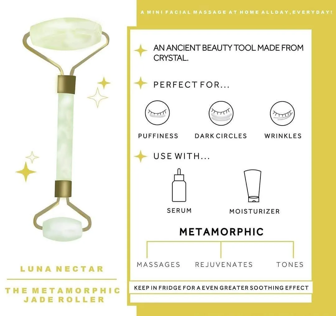 Luna Nectar Jade Roller For Lymphatic Drainage, Depuffying Dark Eye Circles, Natural Facial Contouring and Relaxation of Facial Tension