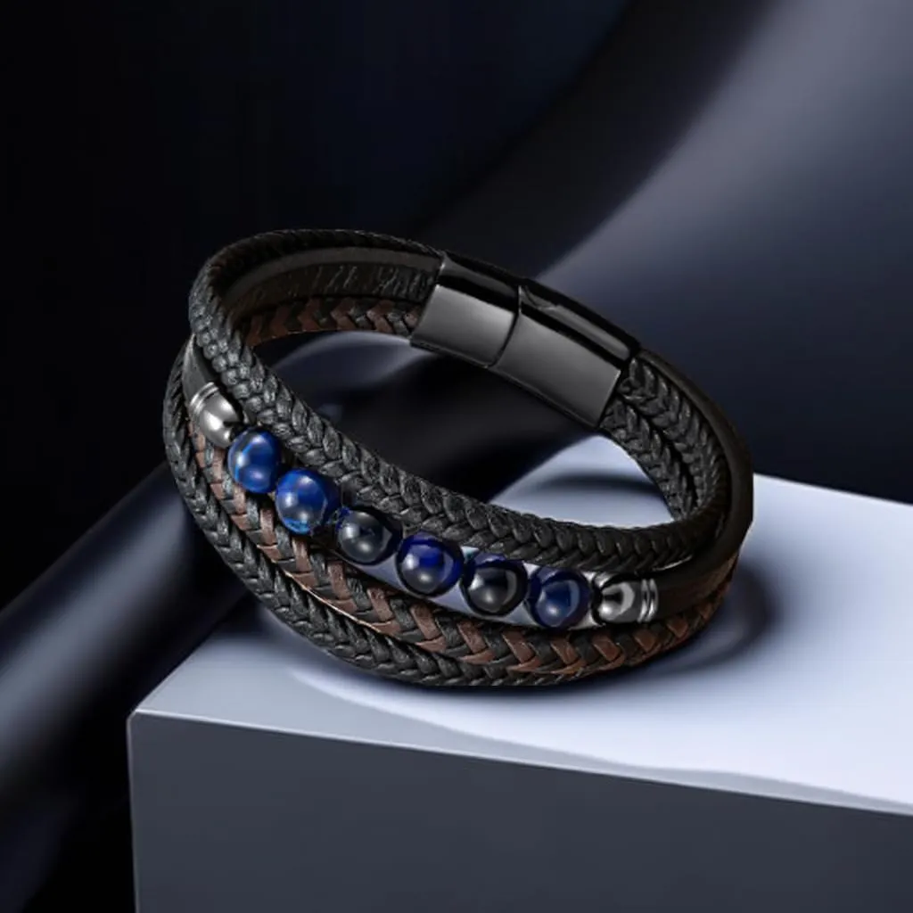 Mens Bracelet Tiger Eye Bead and Multi-Layer Braided Leather Bangles Stainless Steel Clasp Cuff Bracelets Gift for Men Him