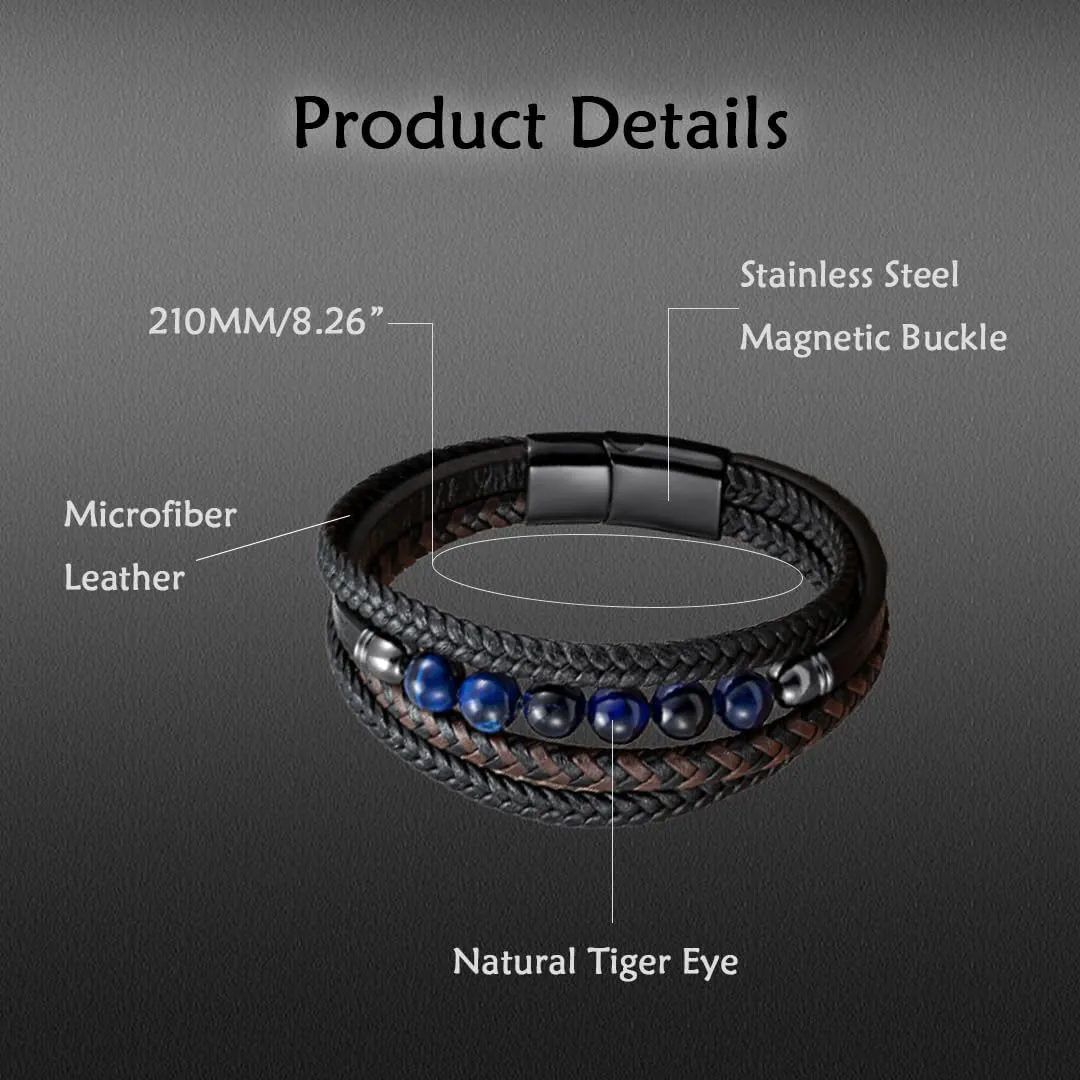 Mens Bracelet Tiger Eye Bead and Multi-Layer Braided Leather Bangles Stainless Steel Clasp Cuff Bracelets Gift for Men Him