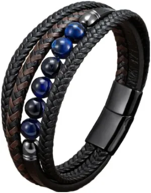 Mens Bracelet Tiger Eye Bead and Multi-Layer Braided Leather Bangles Stainless Steel Clasp Cuff Bracelets Gift for Men Him