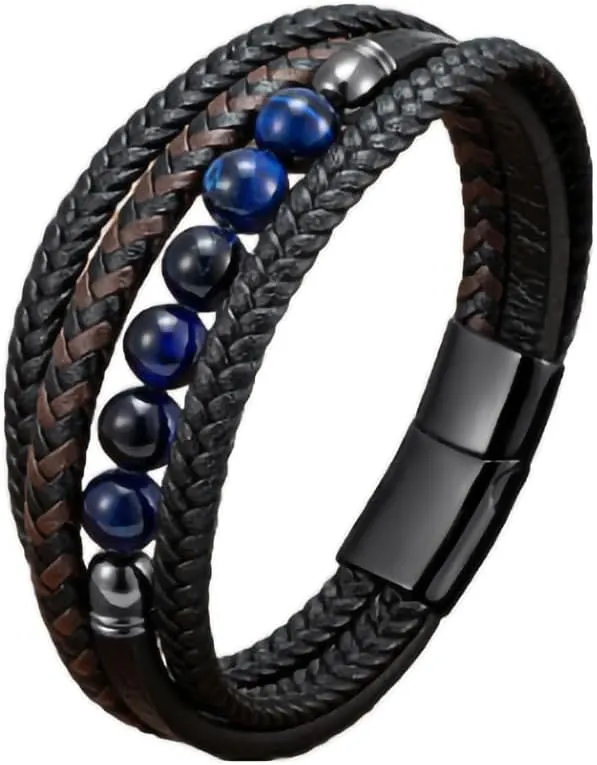 Mens Bracelet Tiger Eye Bead and Multi-Layer Braided Leather Bangles Stainless Steel Clasp Cuff Bracelets Gift for Men Him