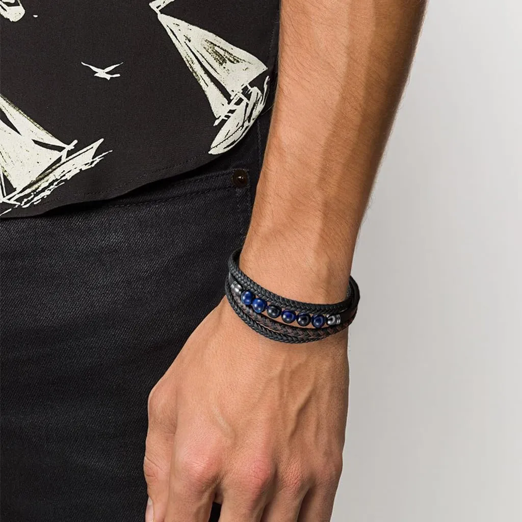 Mens Bracelet Tiger Eye Bead and Multi-Layer Braided Leather Bangles Stainless Steel Clasp Cuff Bracelets Gift for Men Him