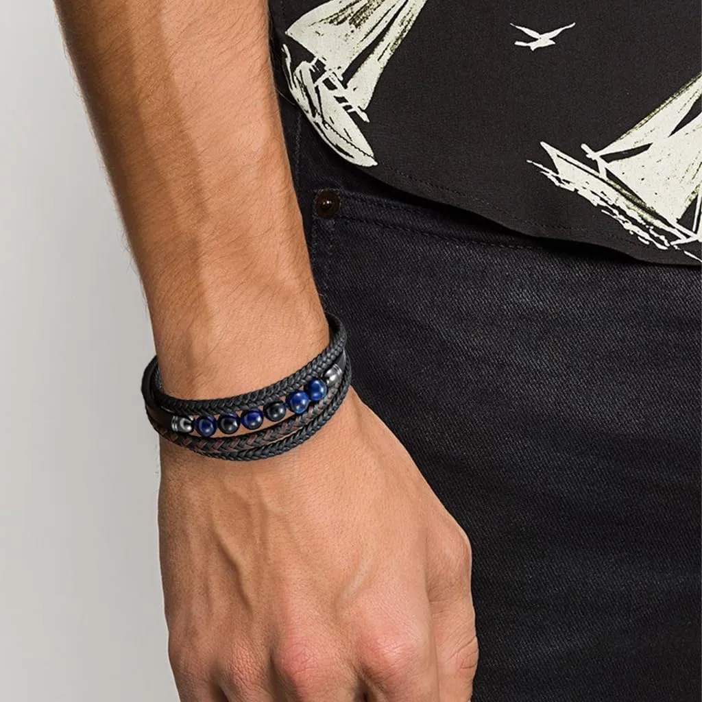Mens Bracelet Tiger Eye Bead and Multi-Layer Braided Leather Bangles Stainless Steel Clasp Cuff Bracelets Gift for Men Him