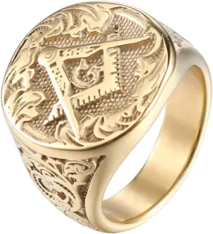 Men's Masonic Freemason Gold Plated Stainless Steel Rings Classic Master Mason Signet Band Jewelry