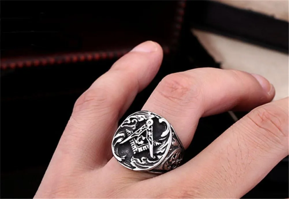 Men's Masonic Freemason Gold Plated Stainless Steel Rings Classic Master Mason Signet Band Jewelry