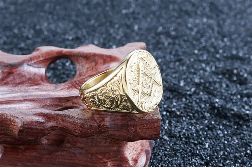 Men's Masonic Freemason Gold Plated Stainless Steel Rings Classic Master Mason Signet Band Jewelry