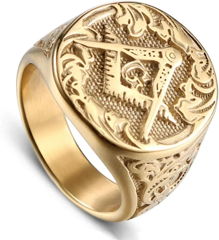 Men's Masonic Freemason Gold Plated Stainless Steel Rings Classic Master Mason Signet Band Jewelry
