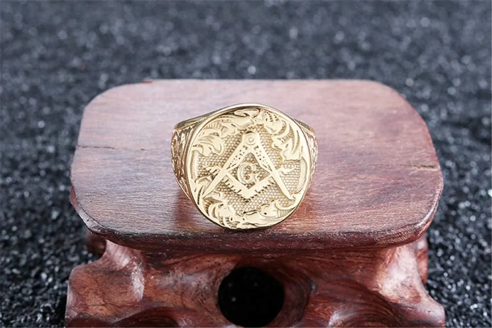 Men's Masonic Freemason Gold Plated Stainless Steel Rings Classic Master Mason Signet Band Jewelry