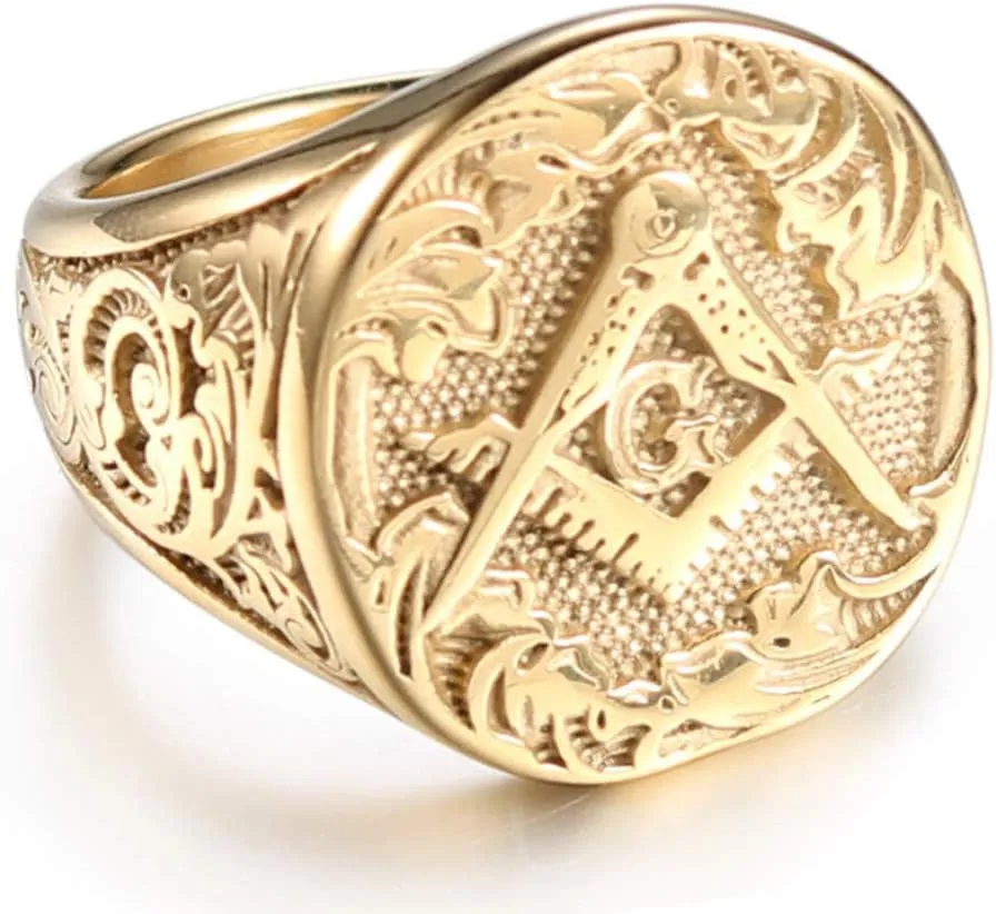 Men's Masonic Freemason Gold Plated Stainless Steel Rings Classic Master Mason Signet Band Jewelry