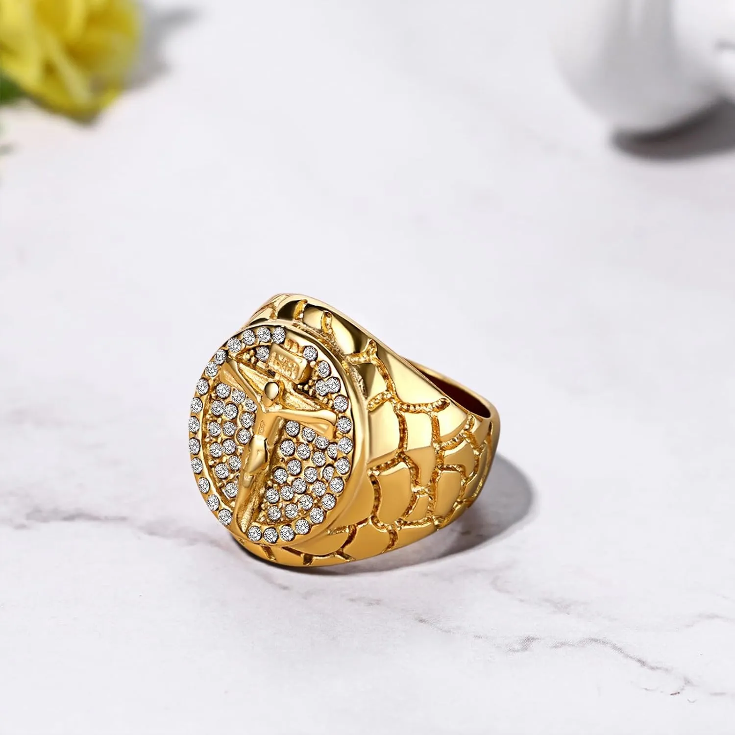 Men's Vintage Jesus Cross Ring: Stainless Steel Classic Gold Tone Religious Crucifix Christian Jewelry Gift