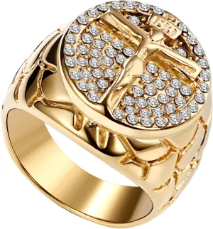 Men's Vintage Jesus Cross Ring: Stainless Steel Classic Gold Tone Religious Crucifix Christian Jewelry Gift