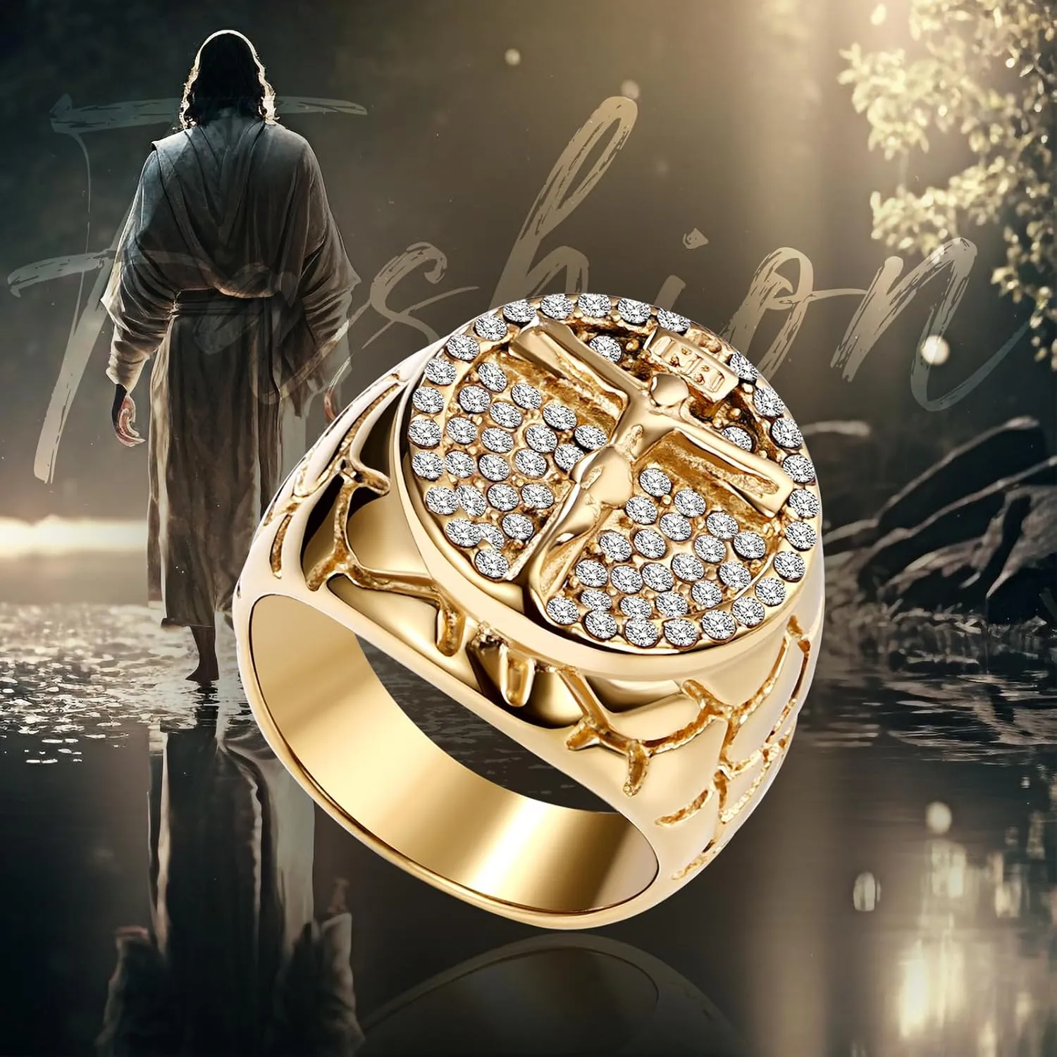 Men's Vintage Jesus Cross Ring: Stainless Steel Classic Gold Tone Religious Crucifix Christian Jewelry Gift