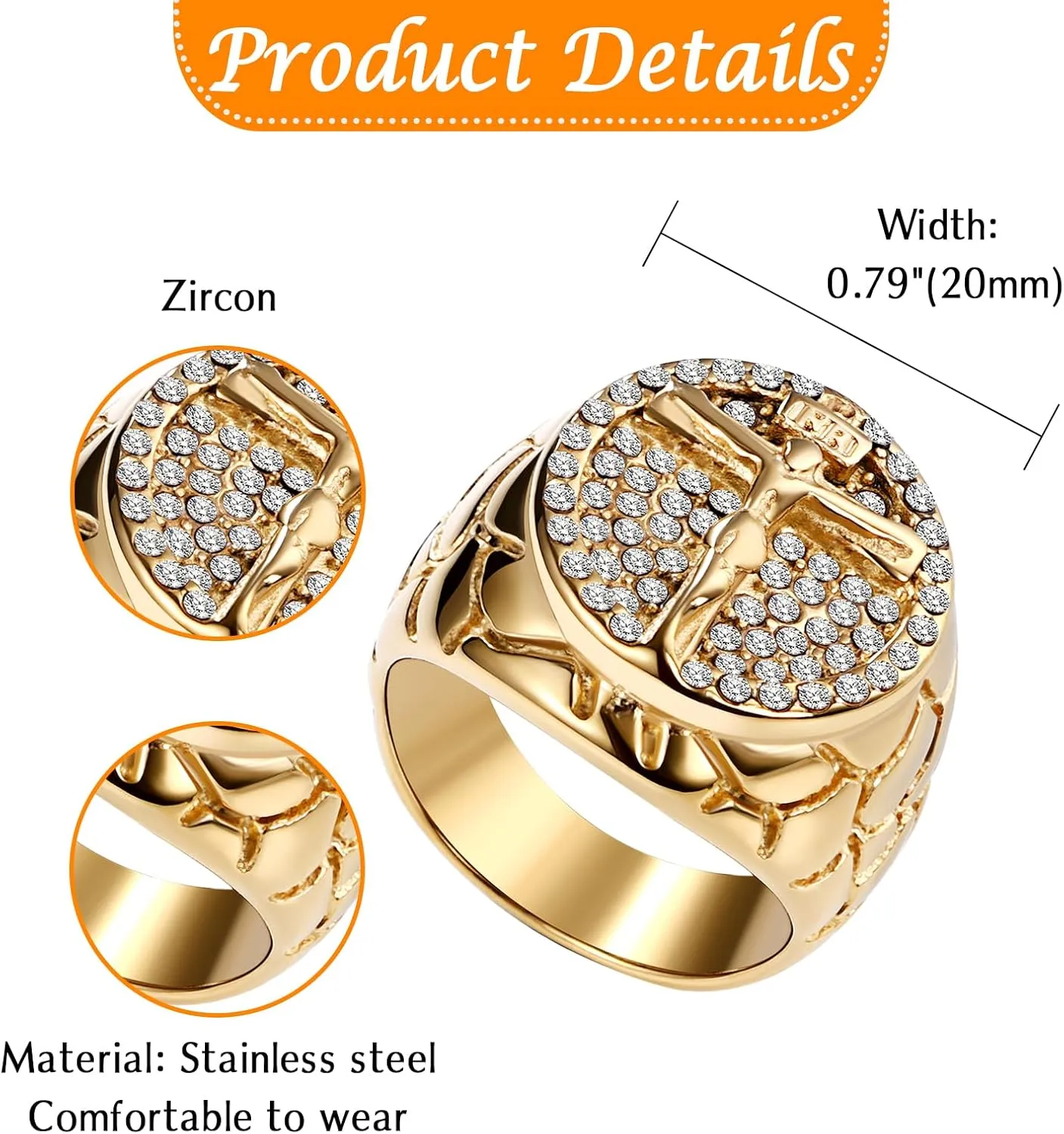 Men's Vintage Jesus Cross Ring: Stainless Steel Classic Gold Tone Religious Crucifix Christian Jewelry Gift