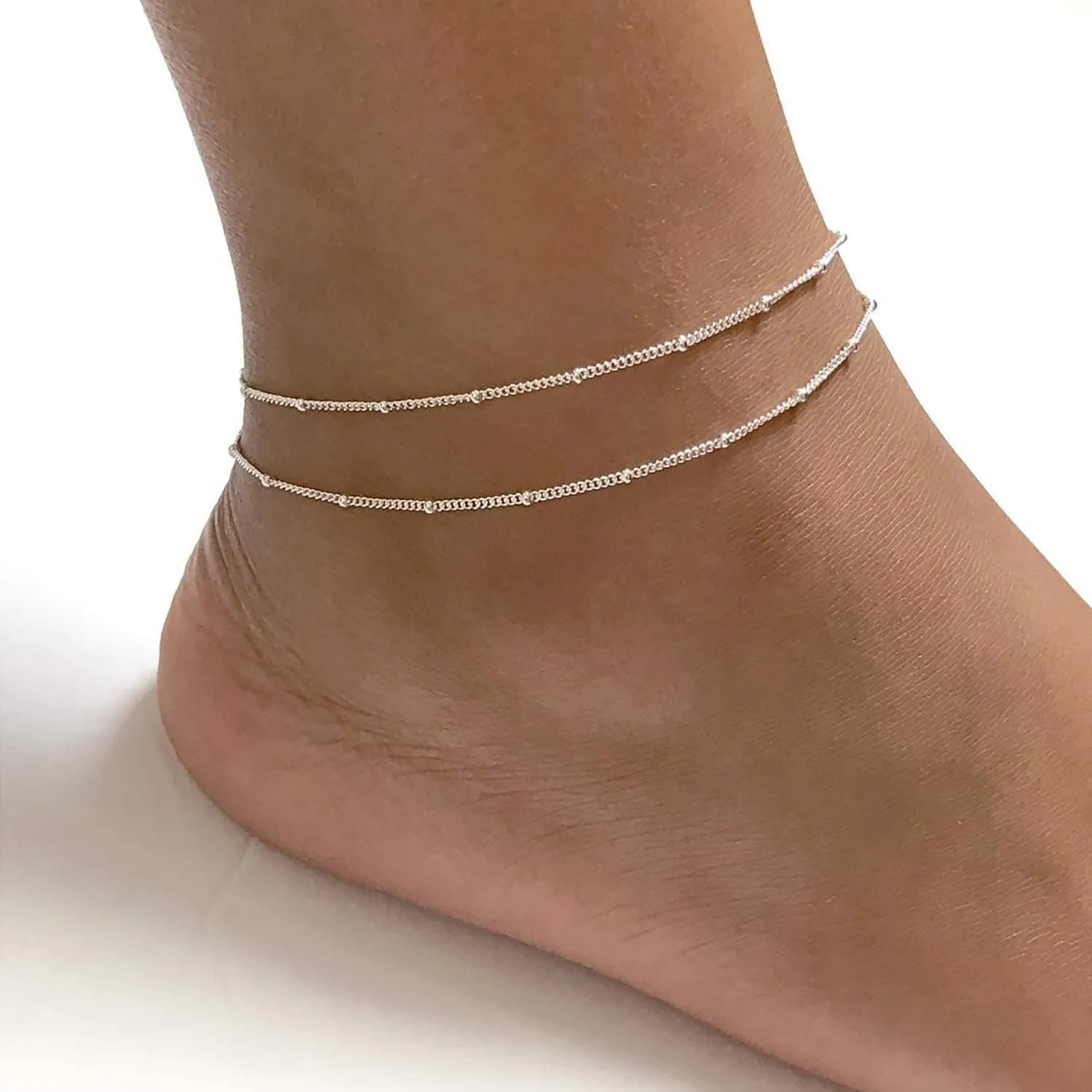 MIDEEO Gold/Silver Ankle Bracelets for Women,14K Gold Anklets for Women Waterproof Cuban Link Heart Beads Herringbone Rhinestone Anklets Set Layered Anklet Bracelets for Women Gold Jewelry Gift