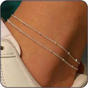 MIDEEO Gold/Silver Ankle Bracelets for Women,14K Gold Anklets for Women Waterproof Cuban Link Heart Beads Herringbone Rhinestone Anklets Set Layered Anklet Bracelets for Women Gold Jewelry Gift