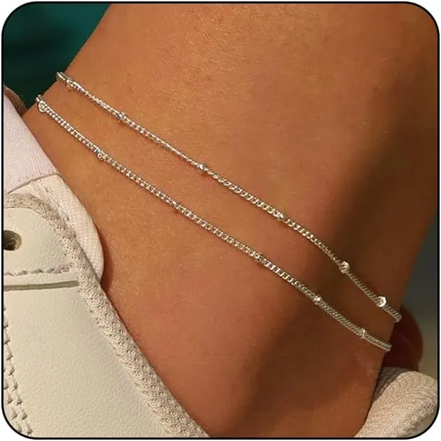 MIDEEO Gold/Silver Ankle Bracelets for Women,14K Gold Anklets for Women Waterproof Cuban Link Heart Beads Herringbone Rhinestone Anklets Set Layered Anklet Bracelets for Women Gold Jewelry Gift