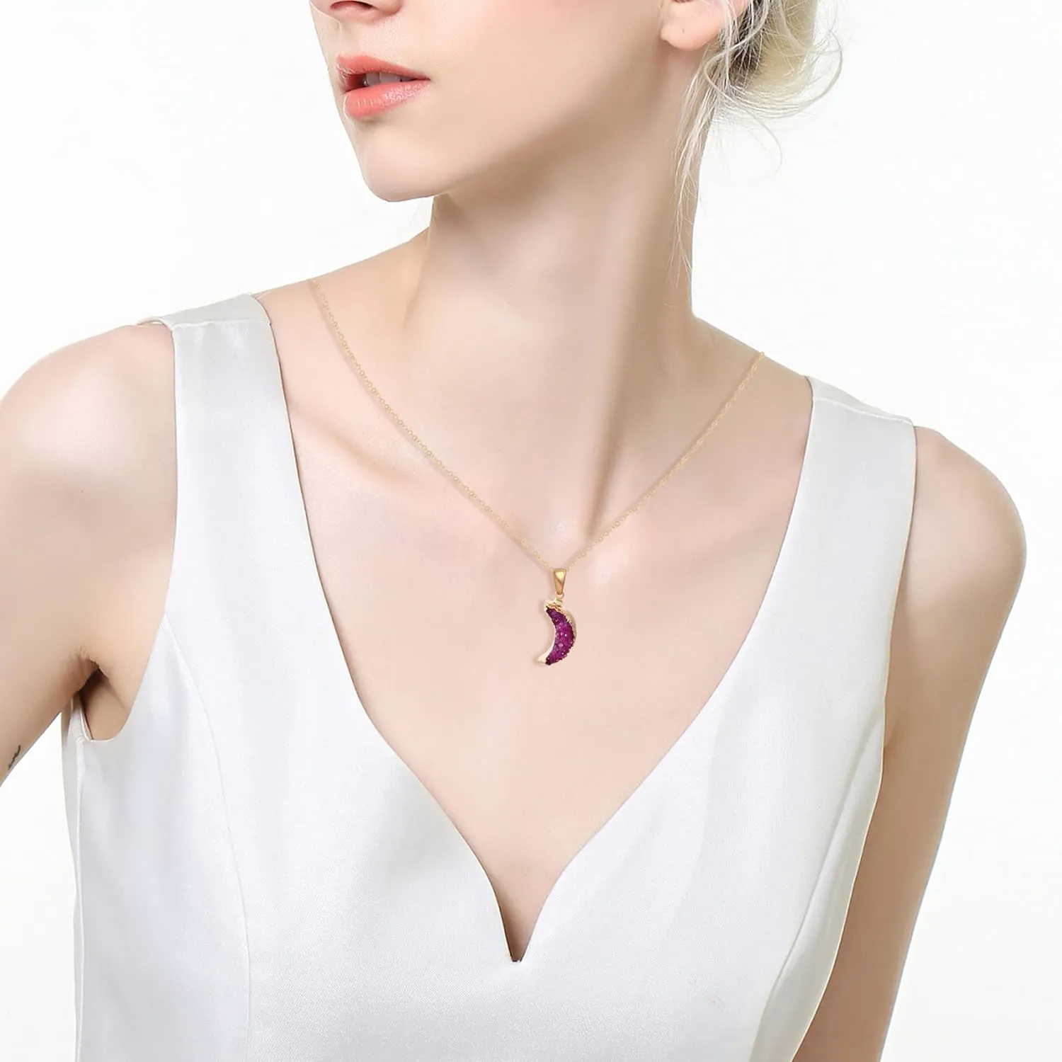MISS RIGHT Healing Crystal Druzy Crescent Moon Necklace for Women, Dainty Minimalist Bohemian Cute Chakra Geode Necklaces Aesthetic