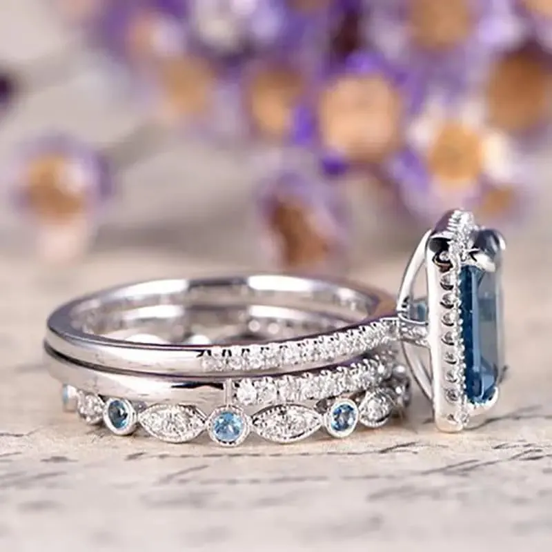 Mnyixsi Platinum Plated 925 Sterling Silver Sapphire Engagement Wedding Ring Set AAAAA Cz 925 Sterling Silver 3pcs Square Shape White Blue Gemstone Rings Set Size 9