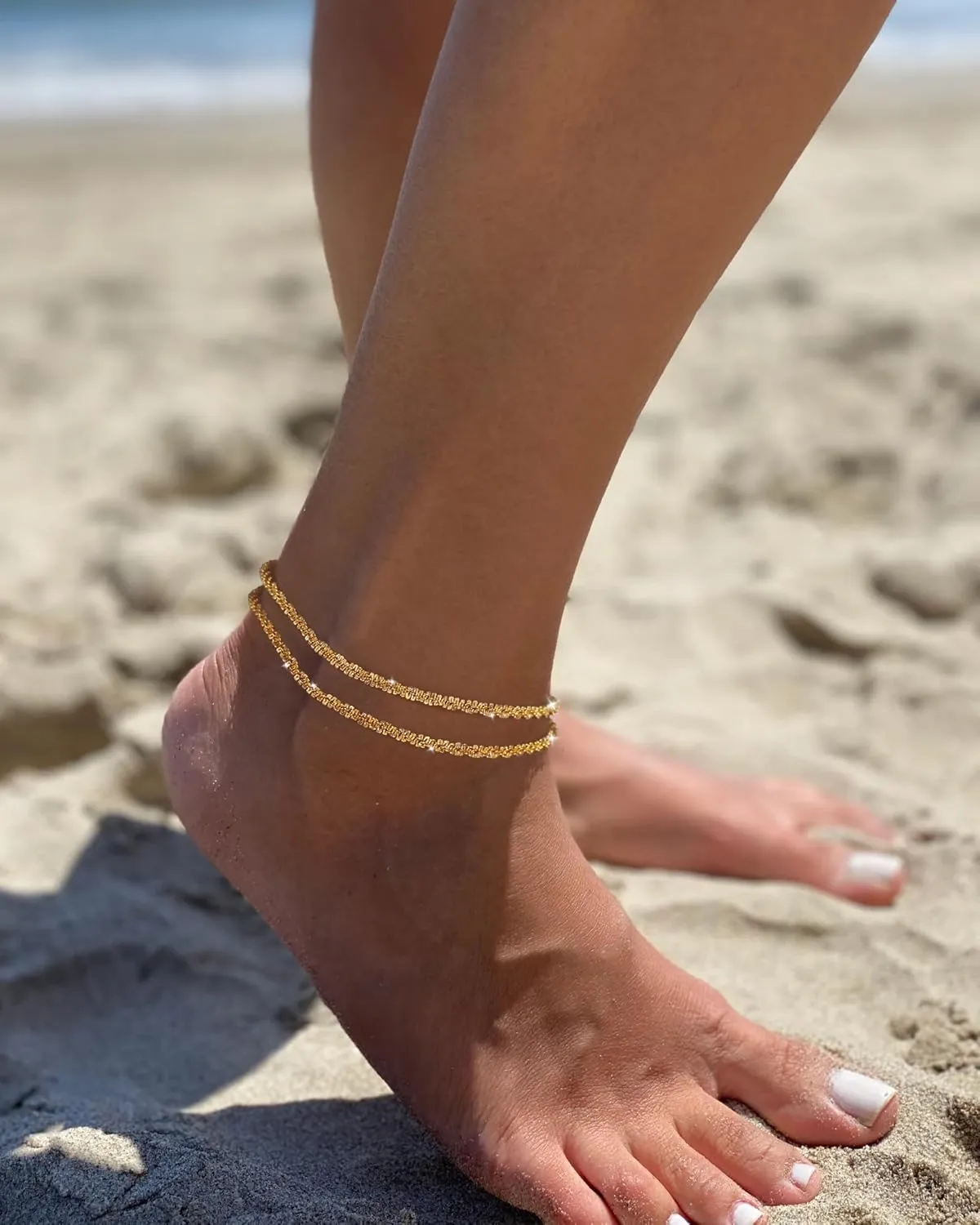 Moodear Sterling Silver Ankle Bracelets for Women - Dainty Layered Waterproof Anklet for Women Adjustable Glitter Gold Plated Anklets Stackable Moon Pendant Summer Beach Anklet Set for Women