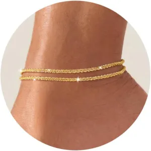 Moodear Sterling Silver Ankle Bracelets for Women - Dainty Layered Waterproof Anklet for Women Adjustable Glitter Gold Plated Anklets Stackable Moon Pendant Summer Beach Anklet Set for Women