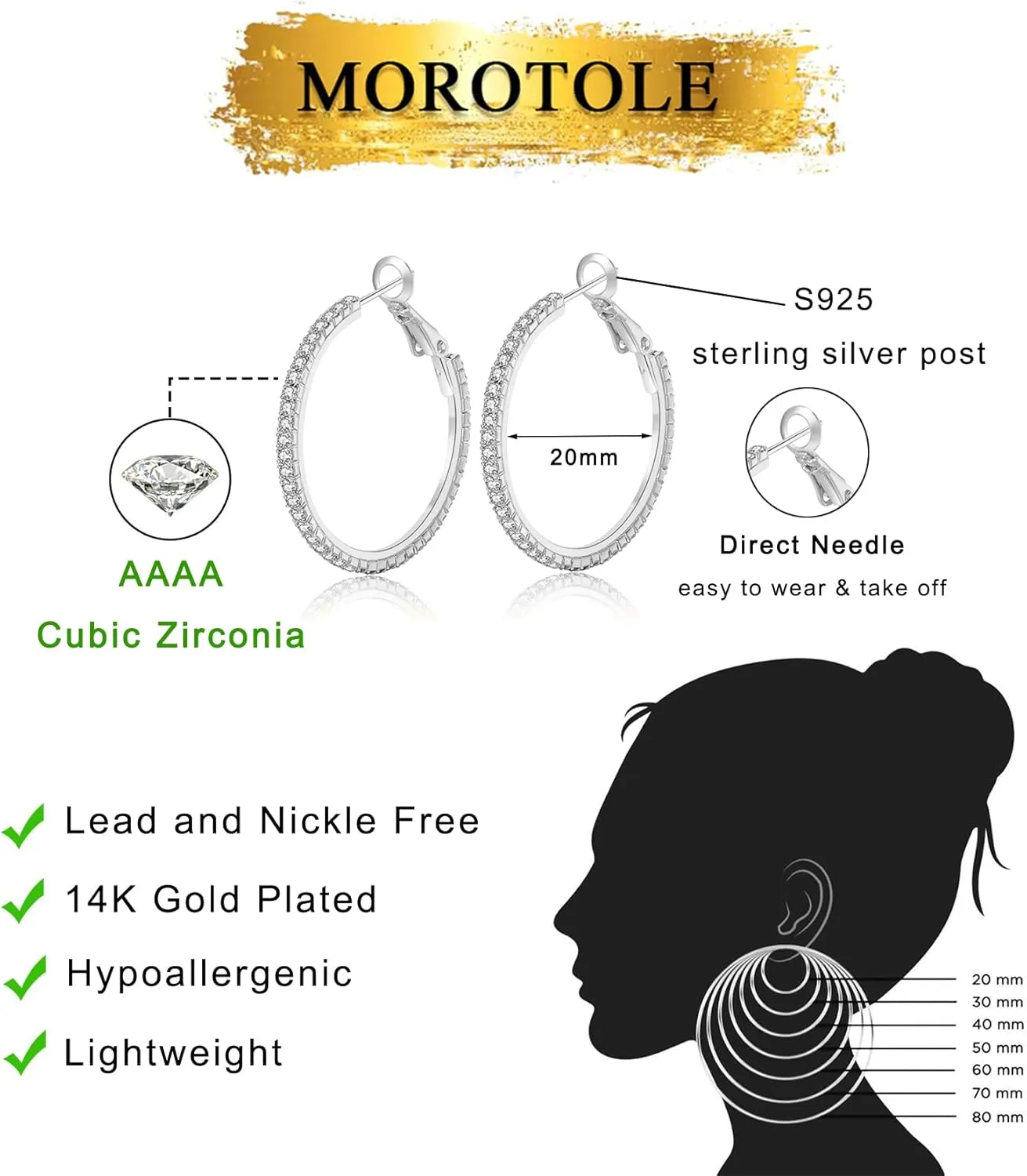 MOROTOLE 14K Gold Rhinestone Hoop Earrings - Fashion Thin Big Hoops, Hypoallergenic, 20/30/40/50/60/70mm