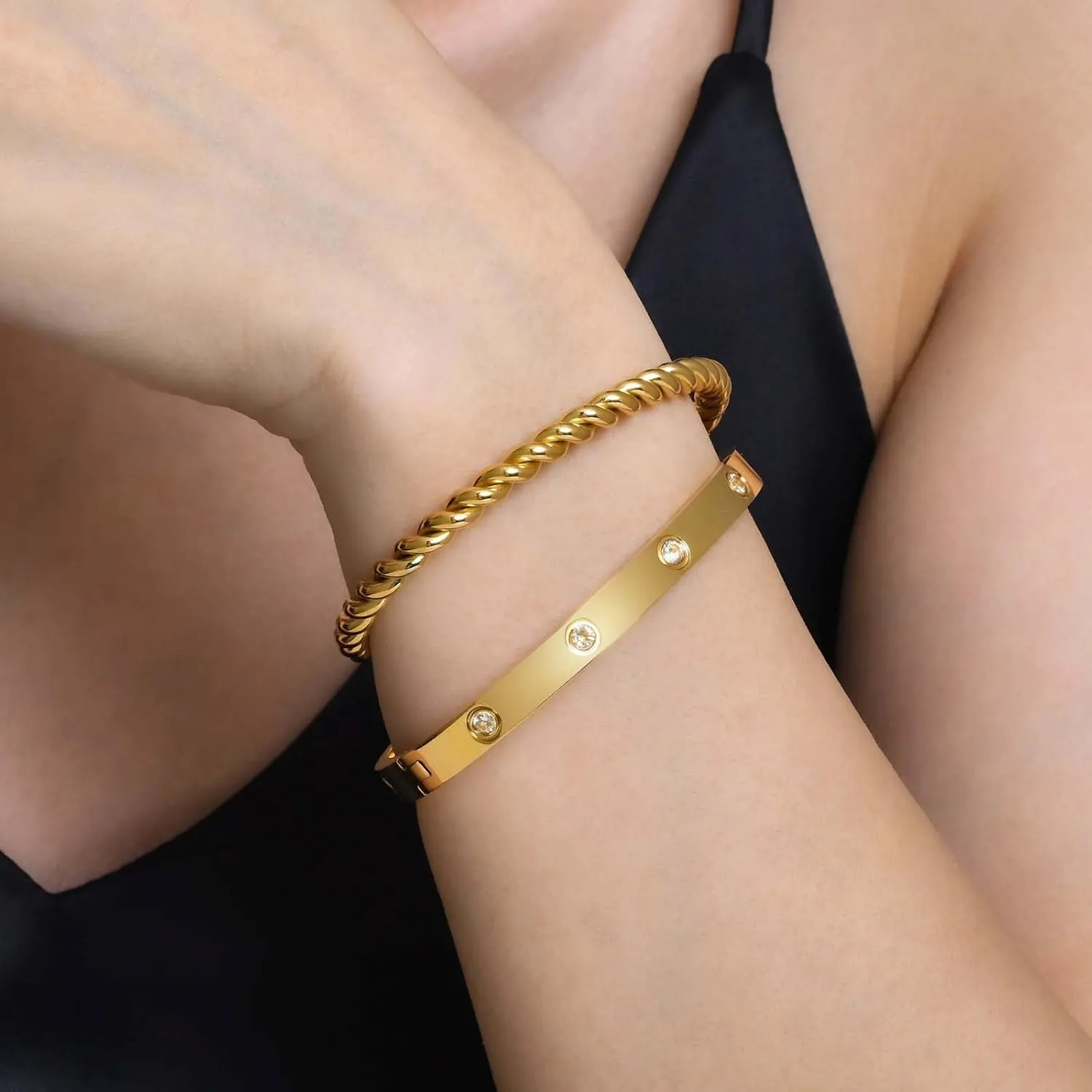 MPRAINBOW Gold Bracelets for Women, 2Pcs 18K Gold Plated Cubic Zirconia Bangle Crystal Friendship Bracelet Jewelry,Wedding Party Christmas Birthday Gifts for Her Girlfriend Sister Daughter