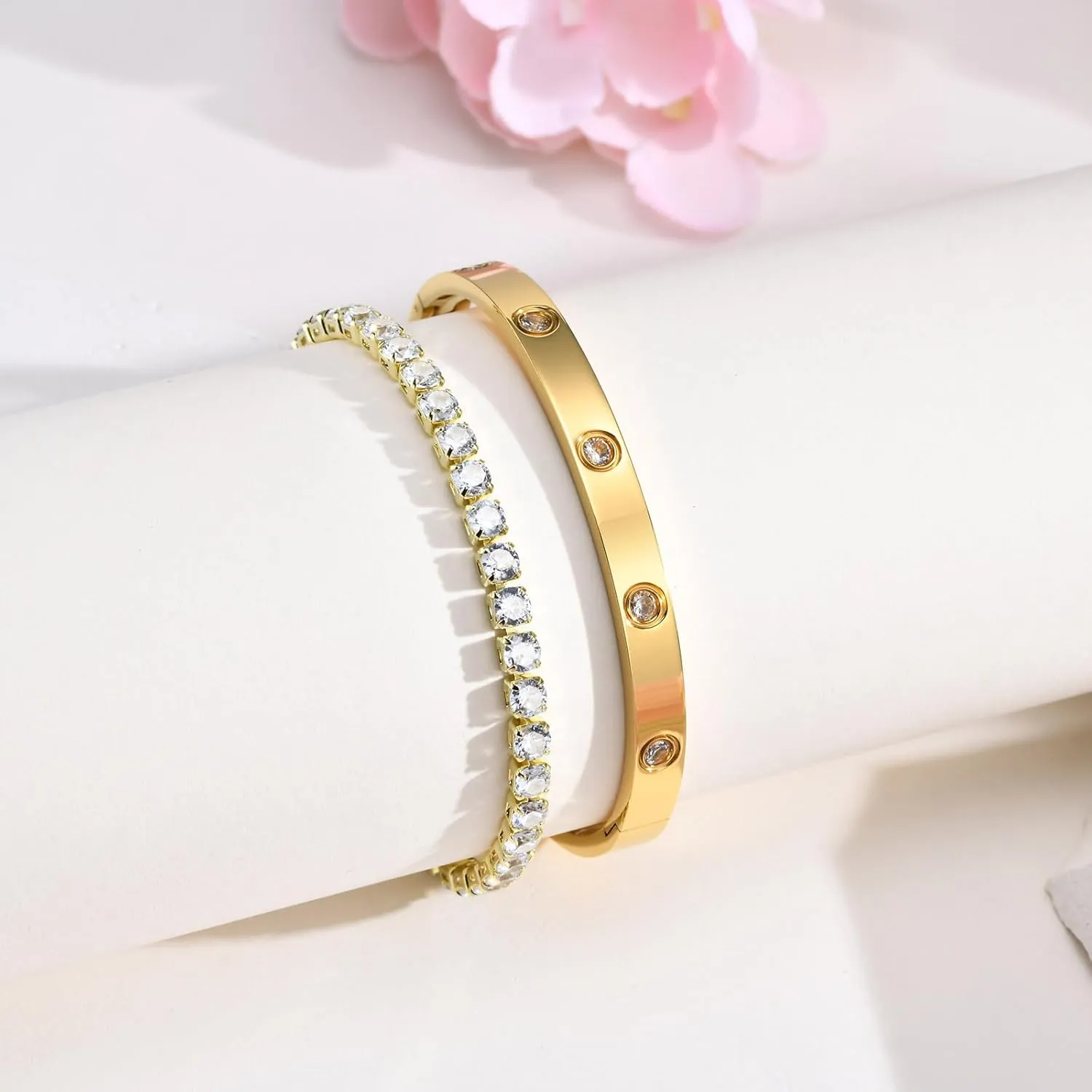 MPRAINBOW Gold Bracelets for Women, 2Pcs 18K Gold Plated Cubic Zirconia Bangle Crystal Friendship Bracelet Jewelry,Wedding Party Christmas Birthday Gifts for Her Girlfriend Sister Daughter