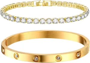 MPRAINBOW Gold Bracelets for Women, 2Pcs 18K Gold Plated Cubic Zirconia Bangle Crystal Friendship Bracelet Jewelry,Wedding Party Christmas Birthday Gifts for Her Girlfriend Sister Daughter