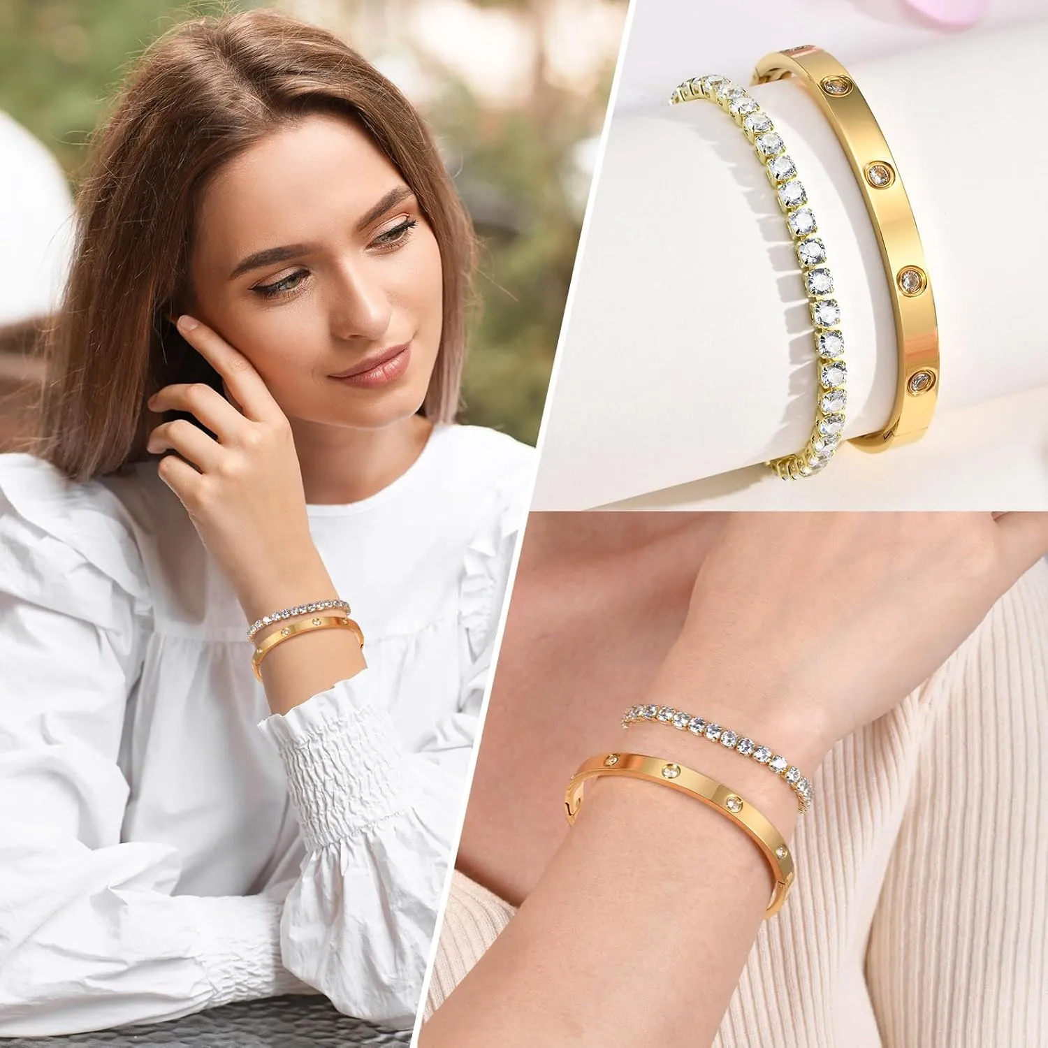 MPRAINBOW Gold Bracelets for Women, 2Pcs 18K Gold Plated Cubic Zirconia Bangle Crystal Friendship Bracelet Jewelry,Wedding Party Christmas Birthday Gifts for Her Girlfriend Sister Daughter