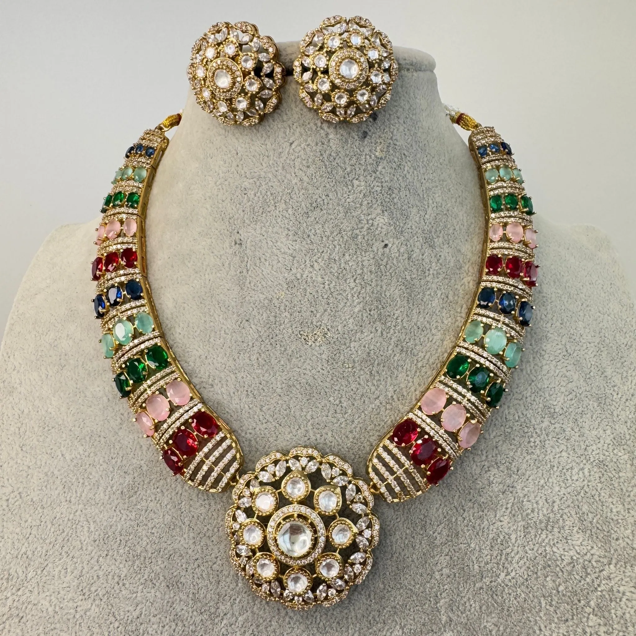Multicolor Victorian Moissanite polki CZ diamond Necklace Set