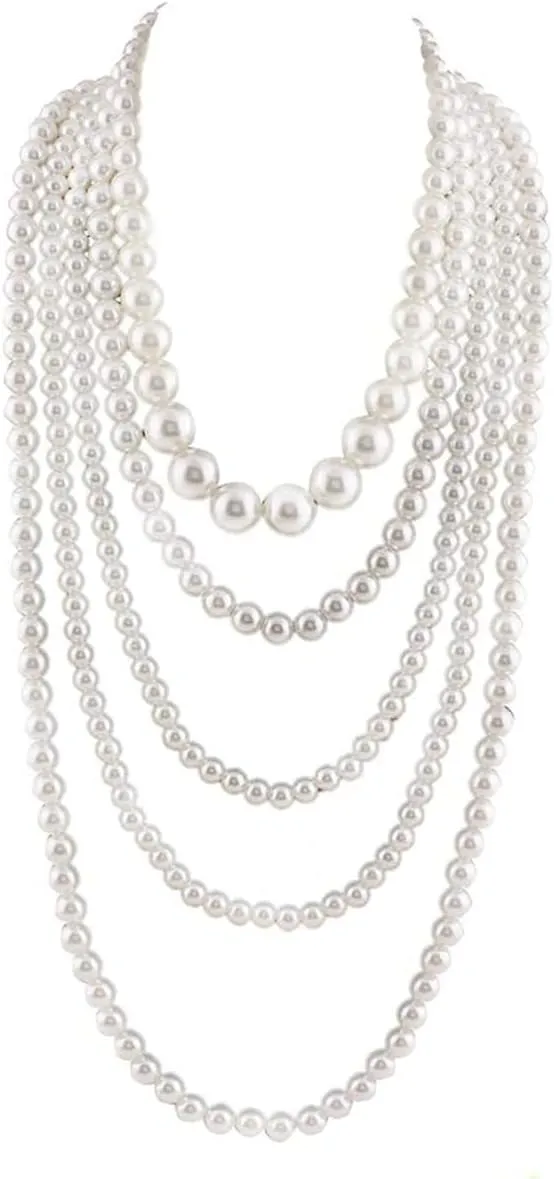 Multilayer Strand White Beads, Long Pearls Necklaces for Women 1920s Fashion Imitation Faux Pearls Long Necklace Vintage Costume Jewelry Necklace