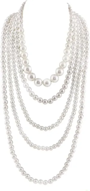 Multilayer Strand White Beads, Long Pearls Necklaces for Women 1920s Fashion Imitation Faux Pearls Long Necklace Vintage Costume Jewelry Necklace