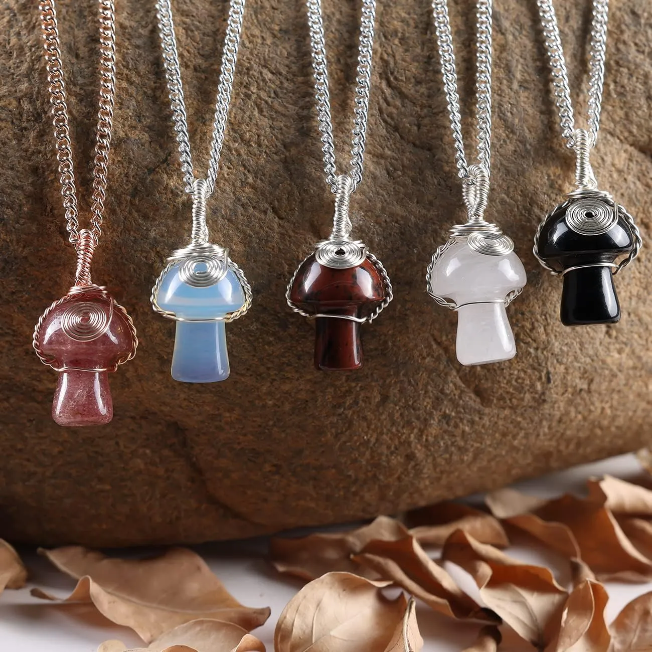 Mushroom Crystal Necklace Wire Wrapped Crystal Mushroom Pendant Necklace for Women Jewelry Gifts
