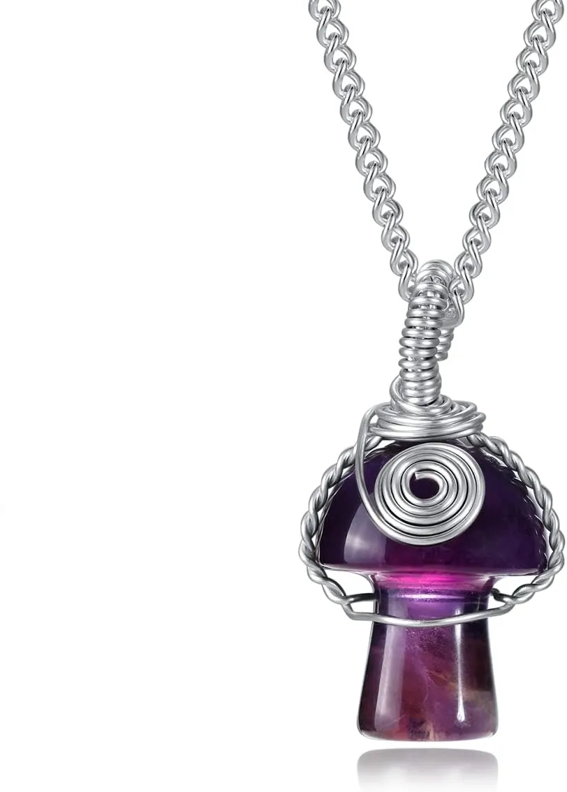 Mushroom Crystal Necklace Wire Wrapped Crystal Mushroom Pendant Necklace for Women Jewelry Gifts