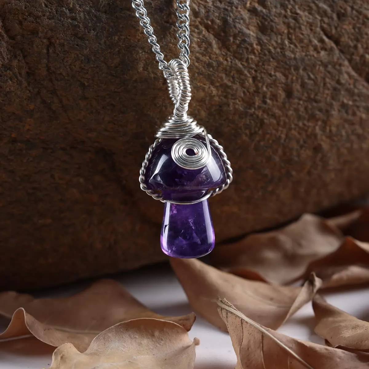 Mushroom Crystal Necklace Wire Wrapped Crystal Mushroom Pendant Necklace for Women Jewelry Gifts