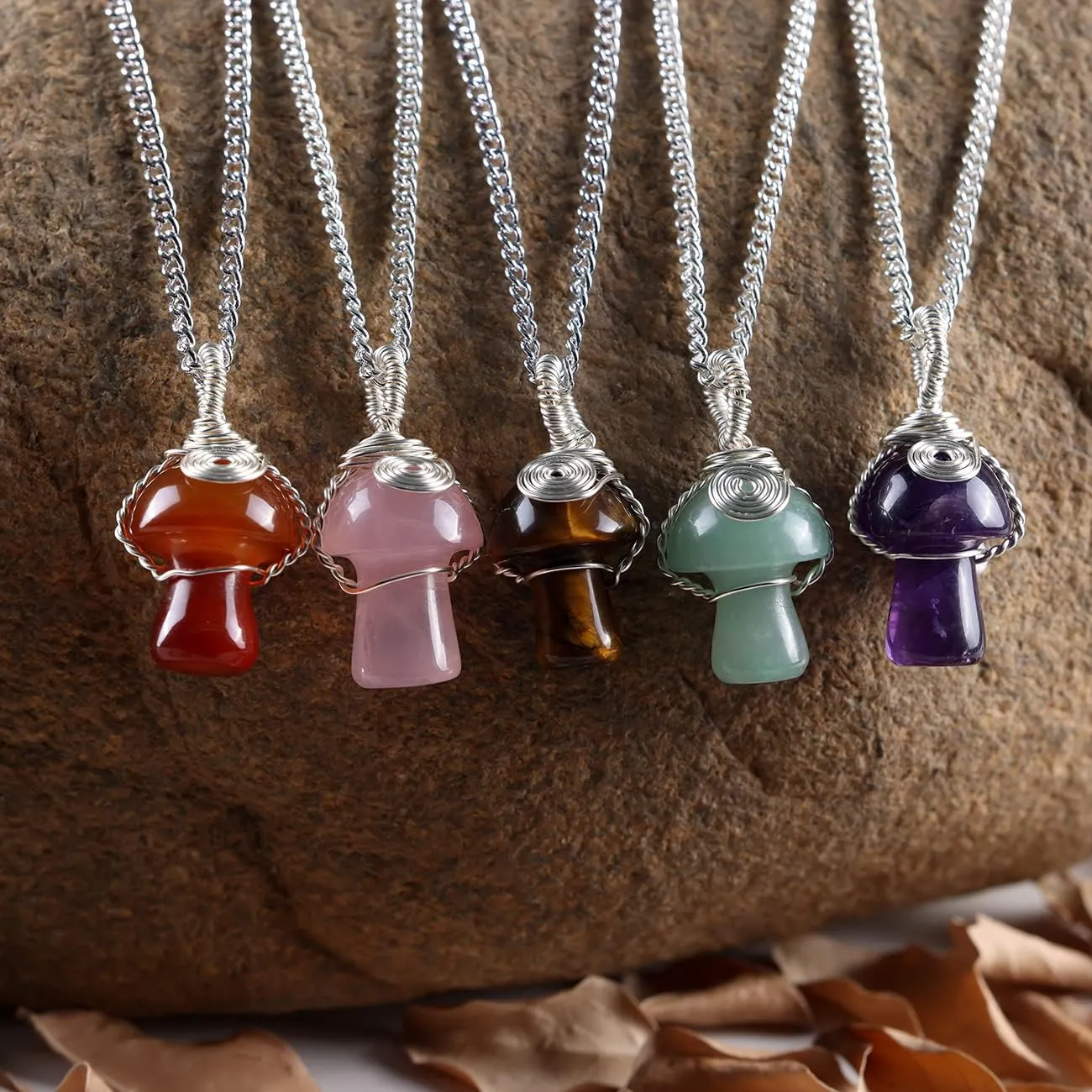 Mushroom Crystal Necklace Wire Wrapped Crystal Mushroom Pendant Necklace for Women Jewelry Gifts