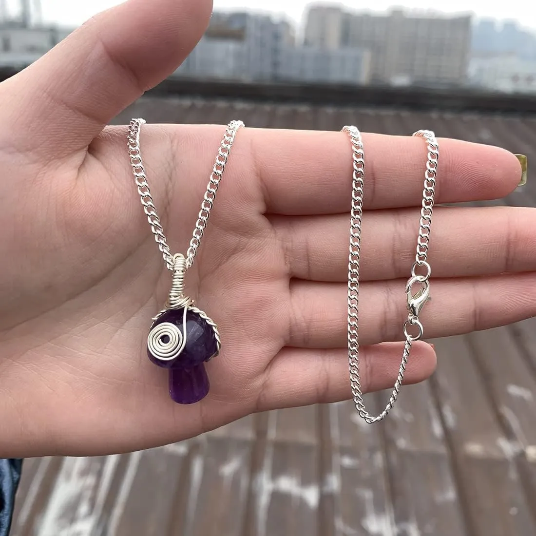Mushroom Crystal Necklace Wire Wrapped Crystal Mushroom Pendant Necklace for Women Jewelry Gifts