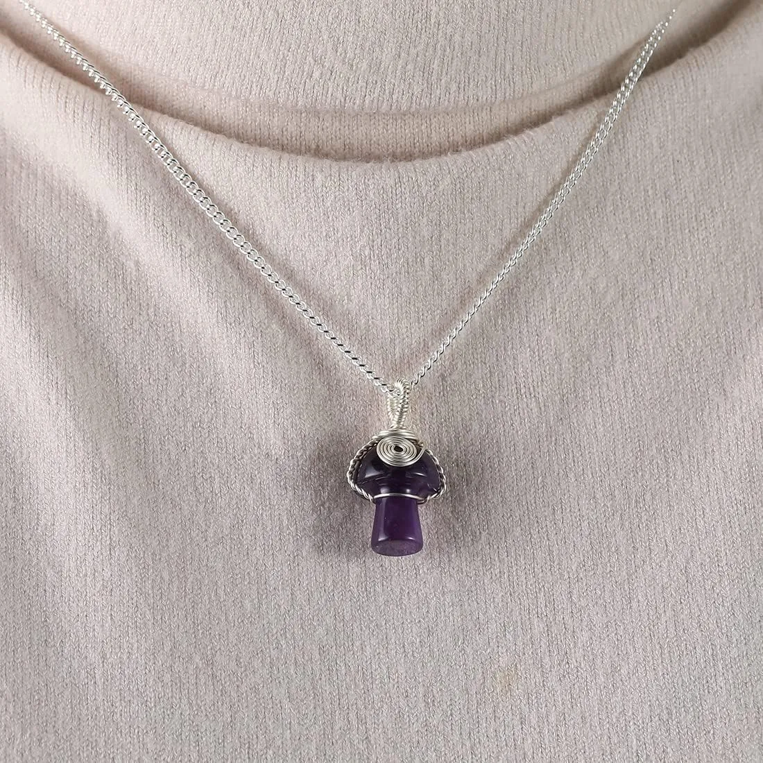 Mushroom Crystal Necklace Wire Wrapped Crystal Mushroom Pendant Necklace for Women Jewelry Gifts