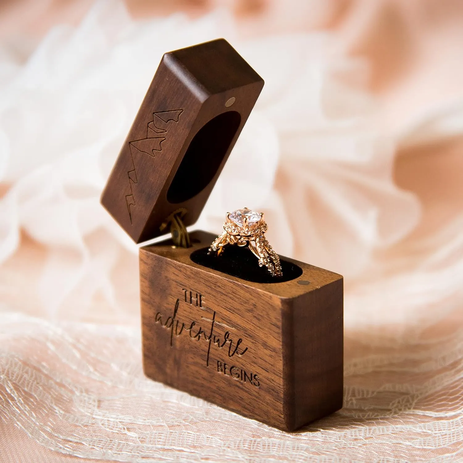 MUUJEE Slim Engagement Proposal Ring Box - Engraved Wooden Ring Bearer Box for Wedding Ceremony, Photo Shoot Props, Secret Slim Hidden Box (The Adventure Begins)