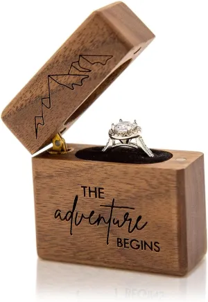 MUUJEE Slim Engagement Proposal Ring Box - Engraved Wooden Ring Bearer Box for Wedding Ceremony, Photo Shoot Props, Secret Slim Hidden Box (The Adventure Begins)