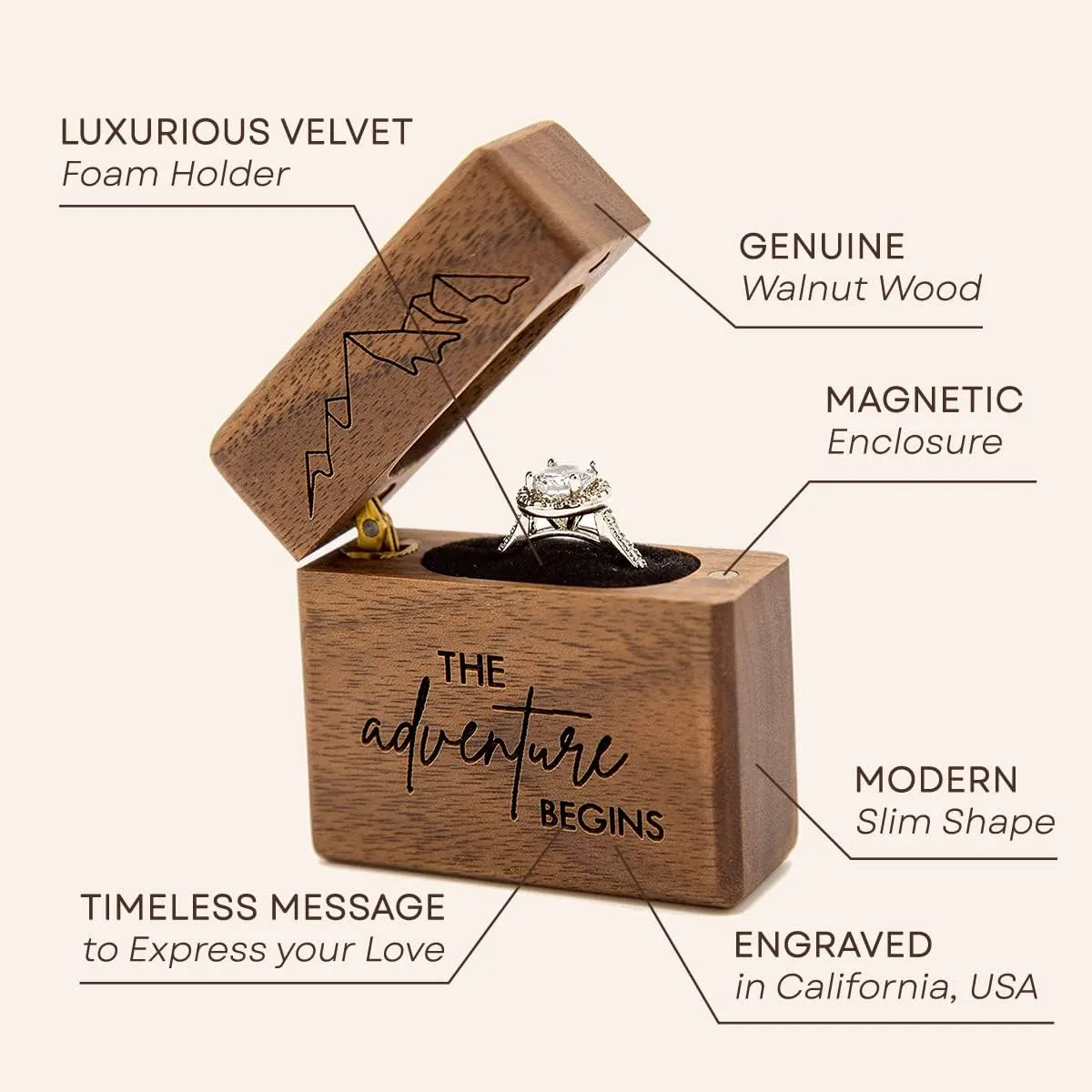 MUUJEE Slim Engagement Proposal Ring Box - Engraved Wooden Ring Bearer Box for Wedding Ceremony, Photo Shoot Props, Secret Slim Hidden Box (The Adventure Begins)