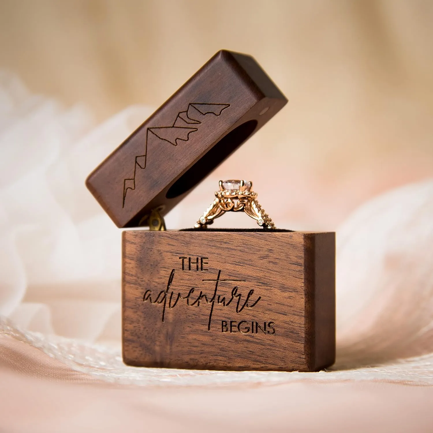 MUUJEE Slim Engagement Proposal Ring Box - Engraved Wooden Ring Bearer Box for Wedding Ceremony, Photo Shoot Props, Secret Slim Hidden Box (The Adventure Begins)
