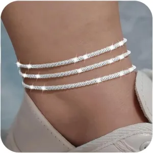 Nanafast Women's Ankle Bracelets, Sparkling Multi-layer Anklet Bracelets for Women, Adjustable Shiny Gold/Silver Anklets for Women, Beach Cute Anklets Jewelry for Summer