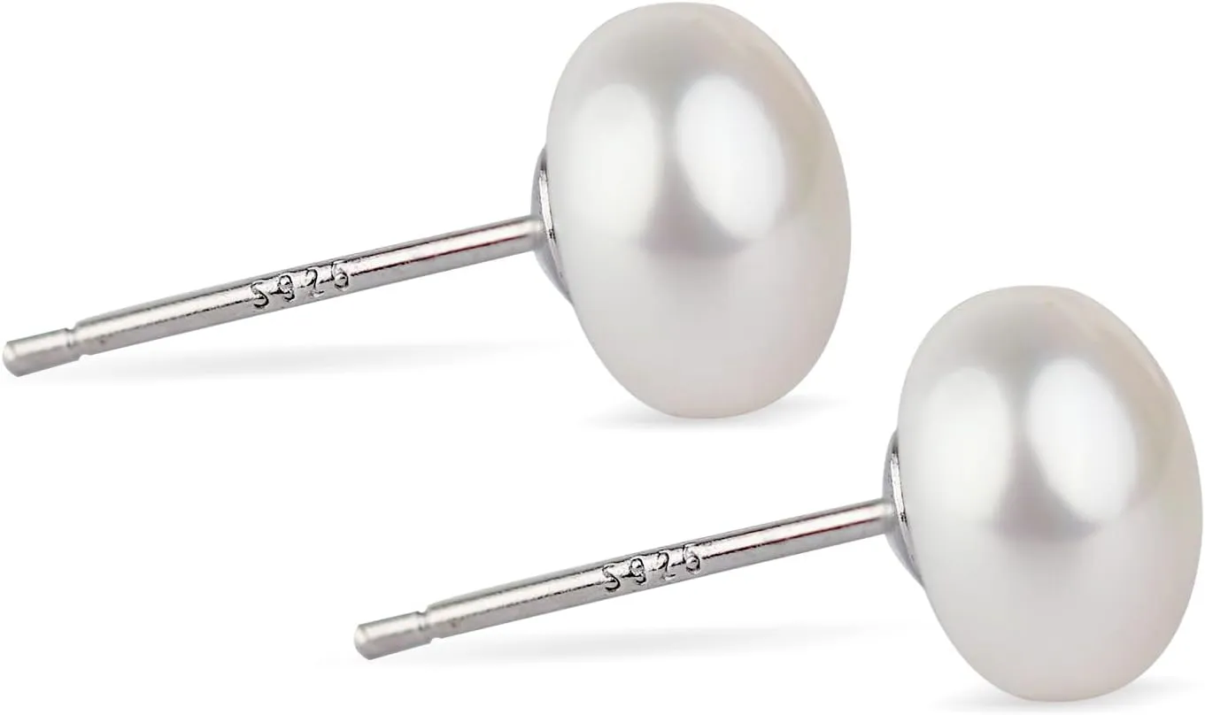 Natural Freshwater Pearl Earrings for Women, 8-9mm Small Flat Round Hypoallergenic Sterling Silver Studs, Elegant Simple Jewelry for Daily Wear, Weddings & Gifts